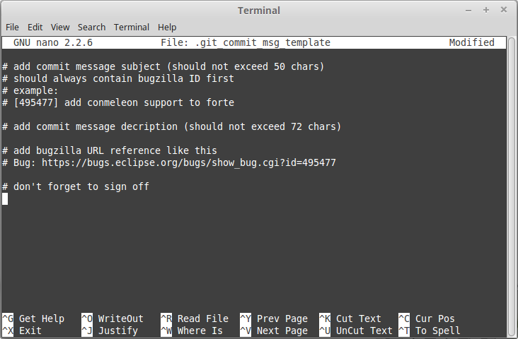 Example of commit message template contents