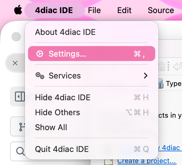 4diac IDE Settings menu on macOS