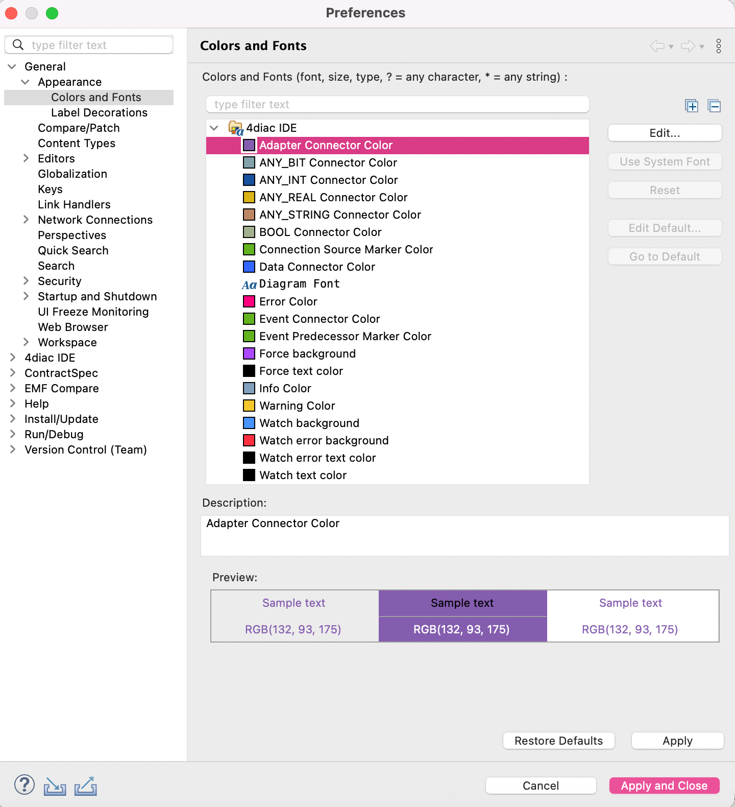 Colors and Fonts preferences showing 4diac IDE color entries