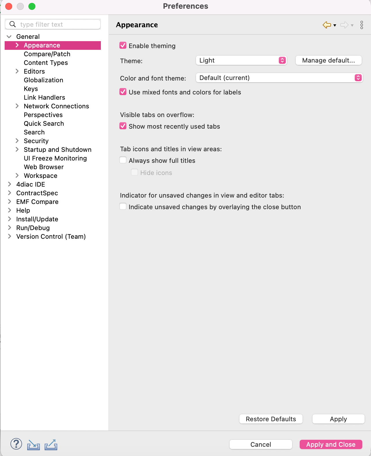 Appearance preferences