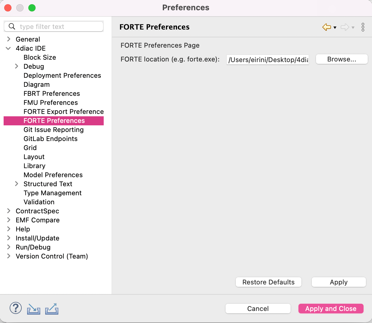 Selecting the FORTE executable