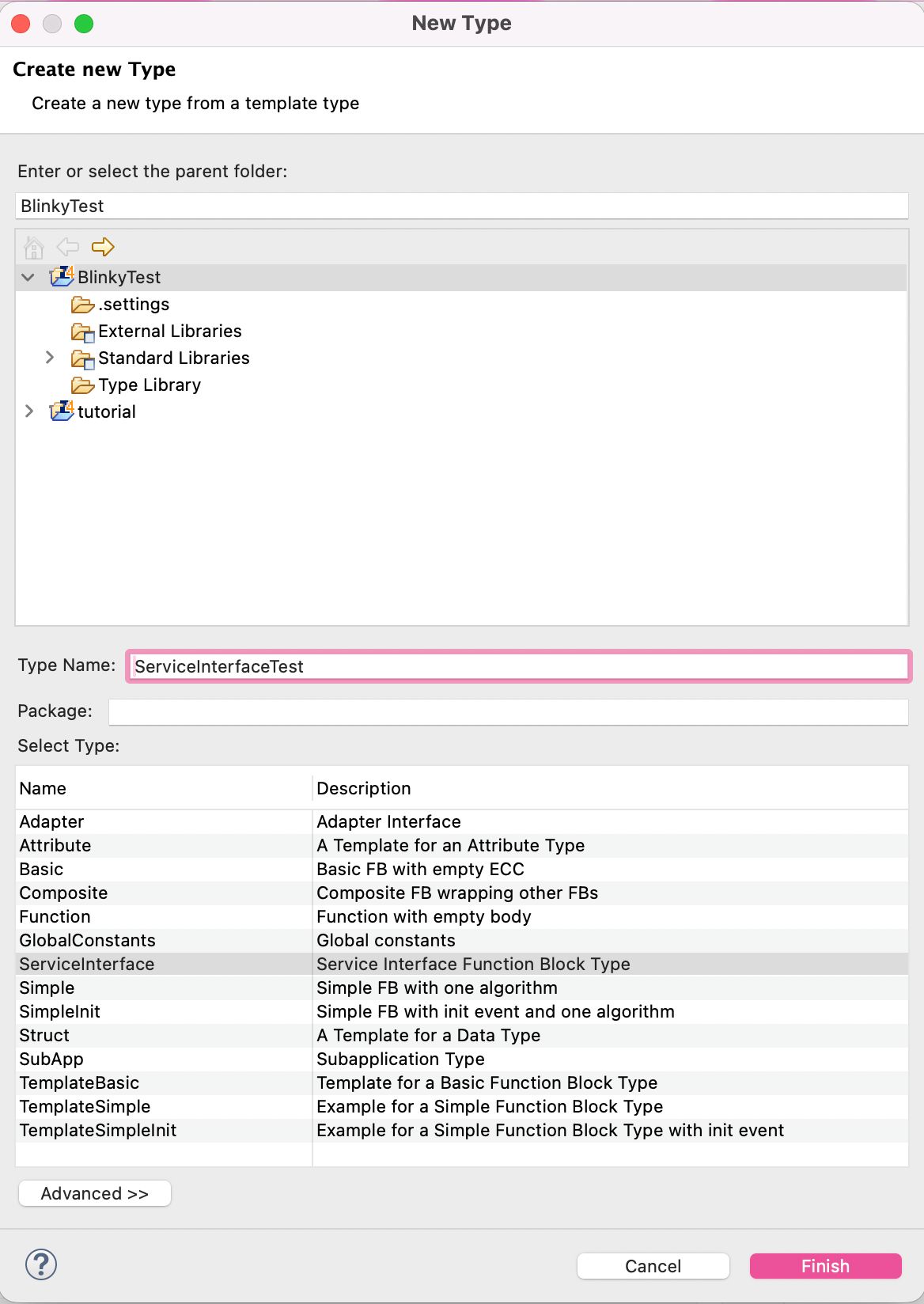 New Type Wizard - Create a Service Interface Function Block