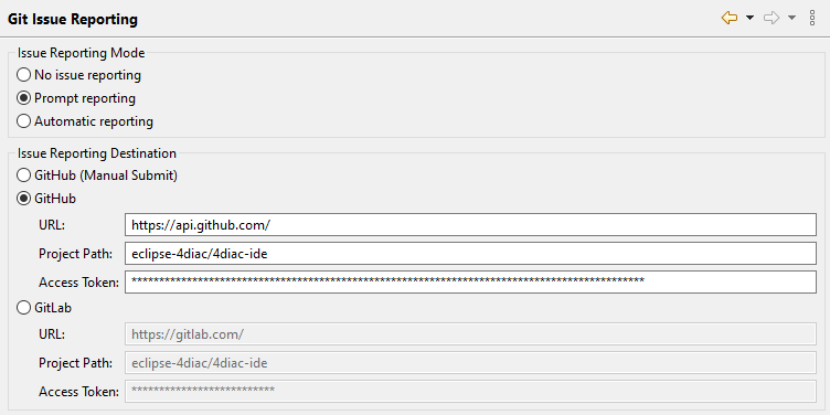 Preference page for the git issue reporting.