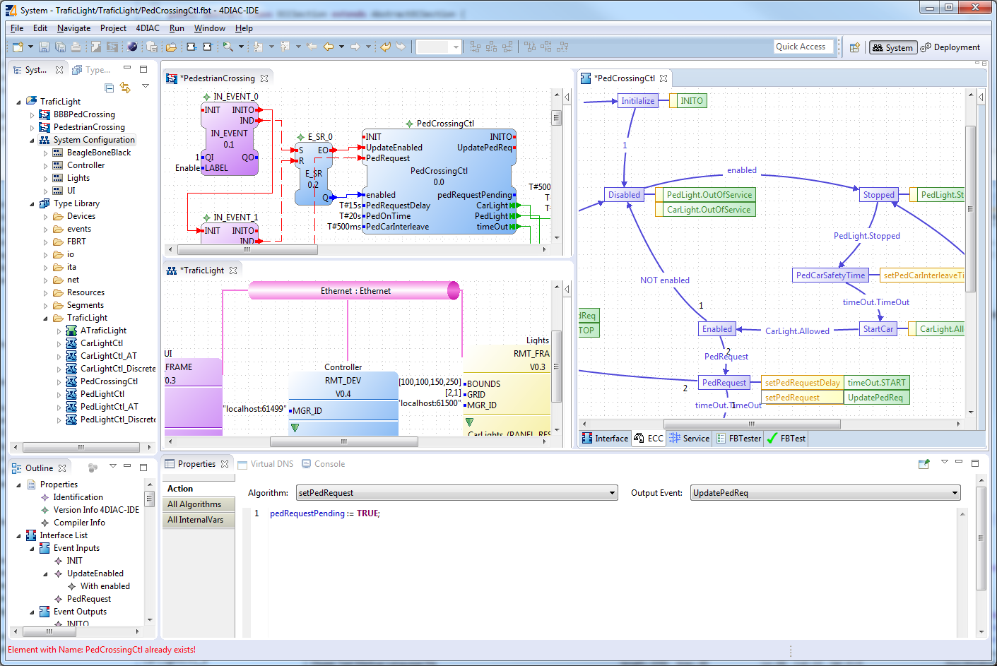 screenshot of the 4diac IDE engineering environment for distributed control systems showing the system explorer, the function block nework editor for applications, subapplications, and composite FBs, and an ECC editor modelling the state machine of basic function blocks