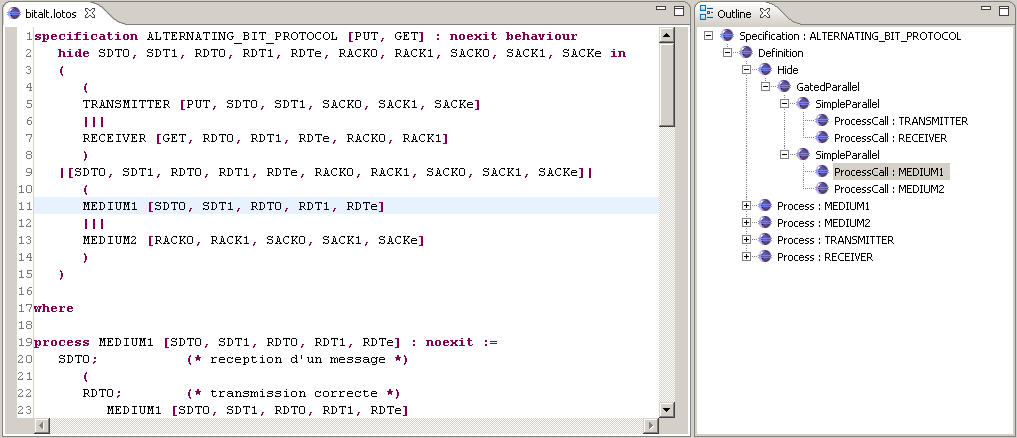 Figure 3. The bitalt.lotos LOTOS example edited in TGE (click picture for larger version)