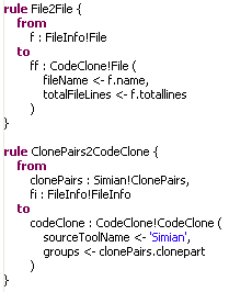 Simian to CodeClone transformation excerpt, written in ATL