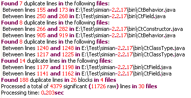 Code clone analysis result by Simian