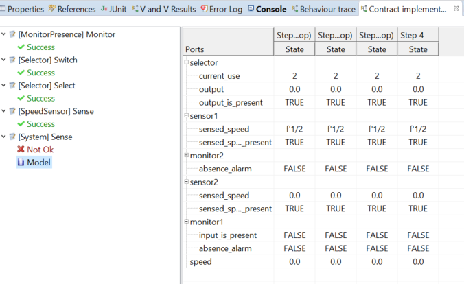 An example of the result of the check contract implementation shown in the “Trace” view. 