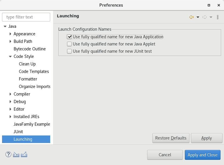 New Launch Config Name Preferences
