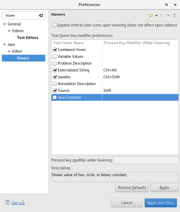 Java Constant Hover in preferences