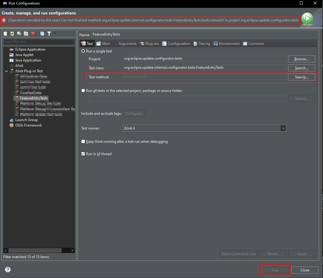 JUnit search progress Run Configuration