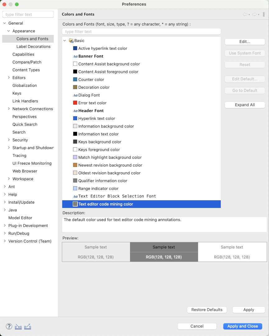 Code mining color preference setting