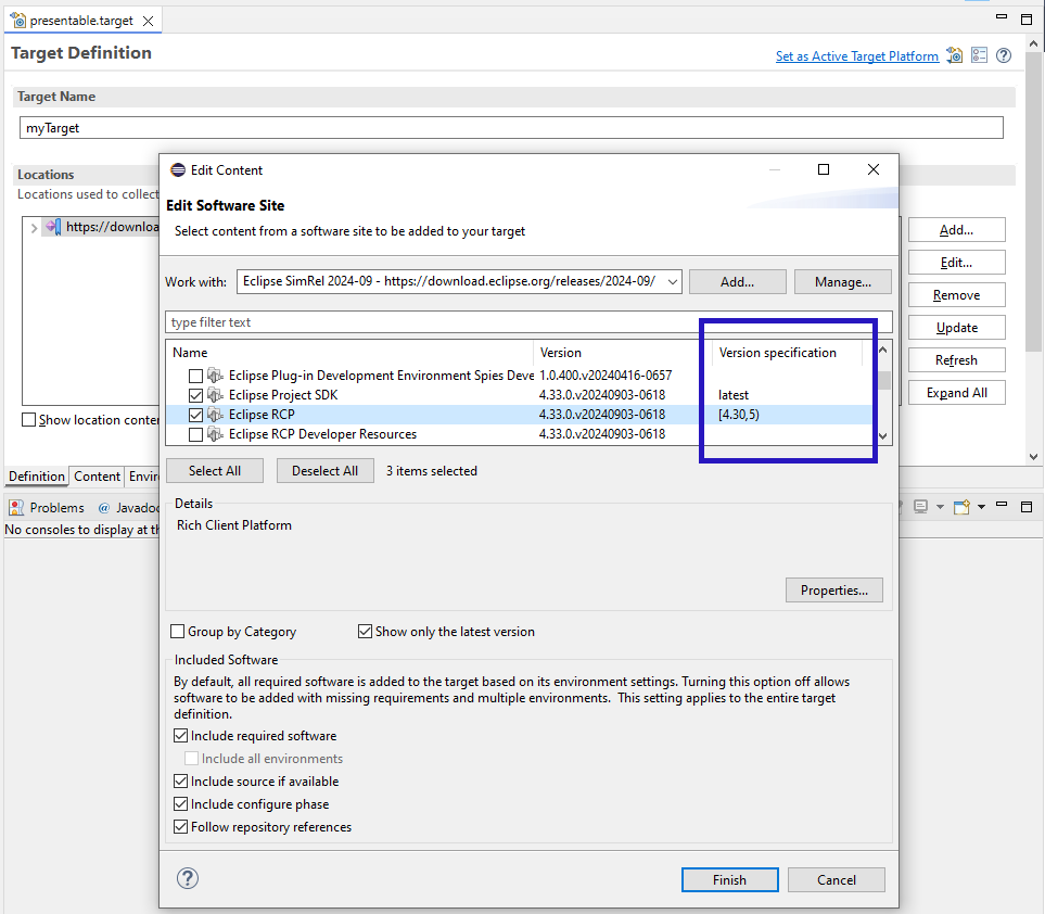 Editing of version ranges and latest version in the UI editor of an IU target location