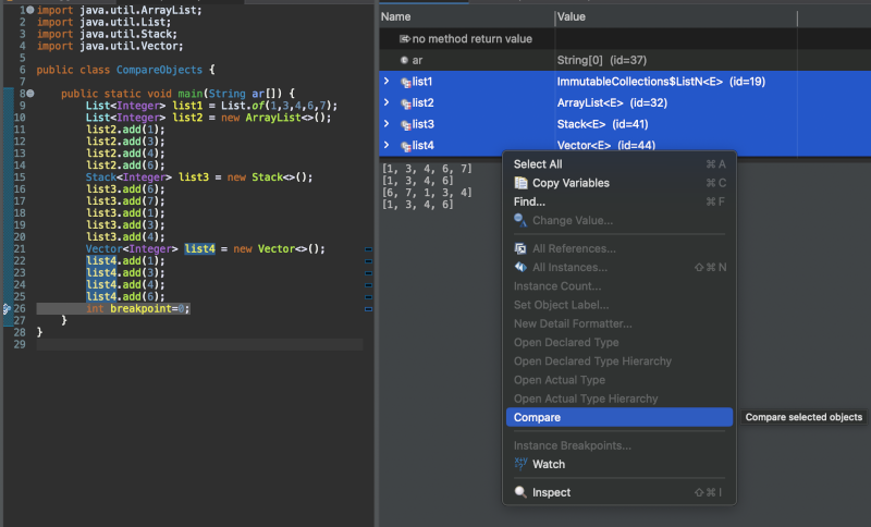 Compare objects from variables view