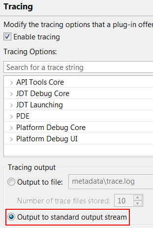 The tracing preference page with output to standard output stream option