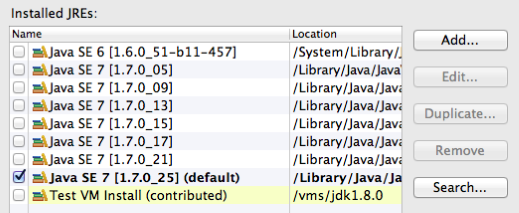 The Installed JREs preference page showing a contributed VM install