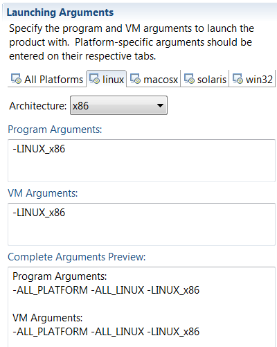 The product editor showing os/arch vm arguments