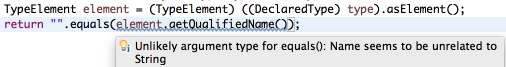 Info on last line: Unlikely argument type for equals(): Name seems to be unrelated to String