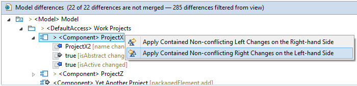 EMF Compare's user interface contextual menu