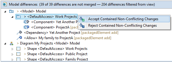 EMF Compare's user interface contextual menu