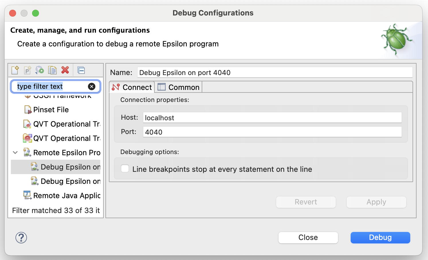 Remote Epsilon Program debug configuration attaching to port 4040