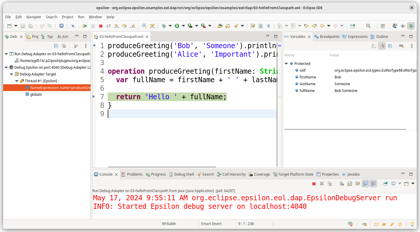 LSP4E debugger stopped on an EOL breakpoint