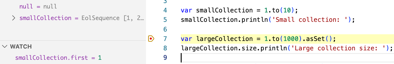 Screenshot of VS Code Watch section evaluating an expression while at a breakpoint