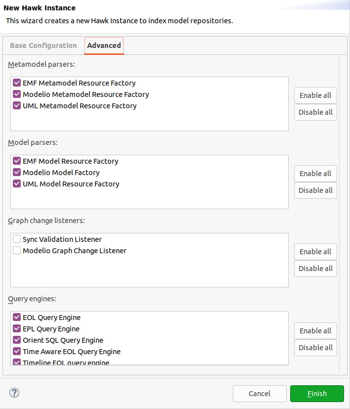 New Hawk index creation dialog - Advanced tab