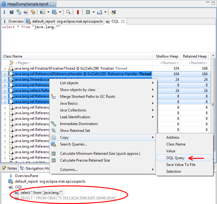 screen shot of OQL navigation and copy OQL query