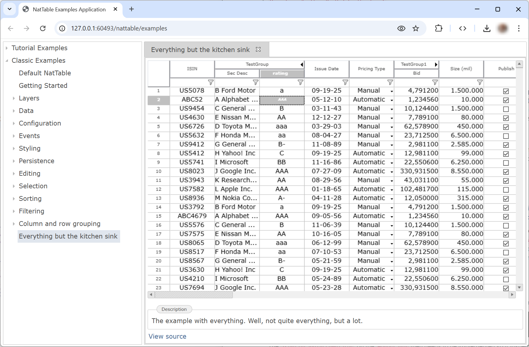 NatTable Examples RAP Application