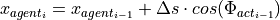 x_{agent_{i}} = x_{agent_{i-1}} + \Delta s \cdot cos(\Phi_{act_{i-1}})