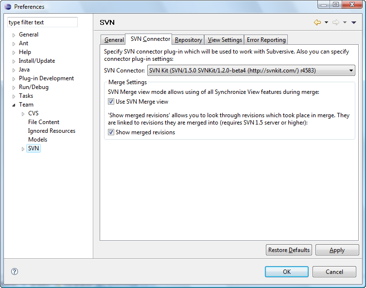 SVN Connector tab group