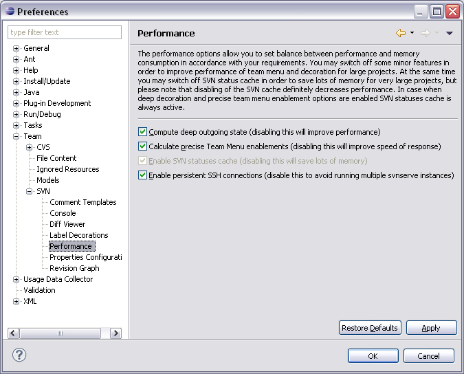 Performance properties page