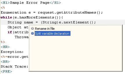Quick Fix example of Java in the JSP editor