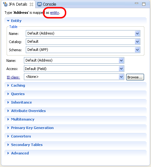 The JPA Details view for an entity showing the mapping type hyperlink.