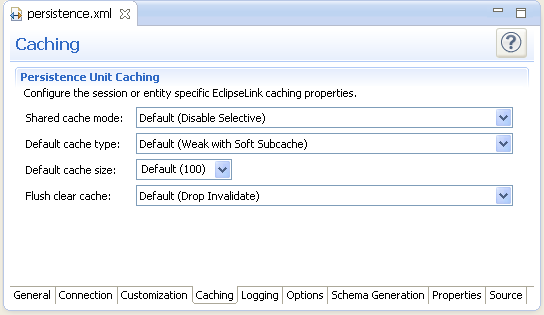 persistence.xml Editor - Caching tab