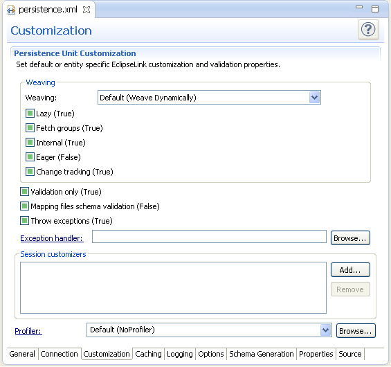 Customization tab of persistence.xml Editor