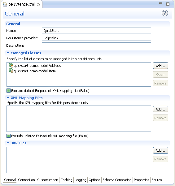 General tab of persistence.xml editor