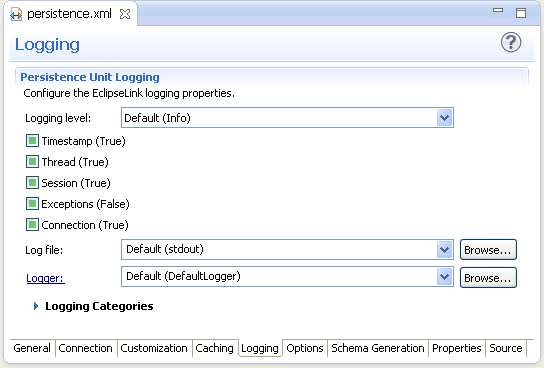 persistence.xml Editor - Logging tab