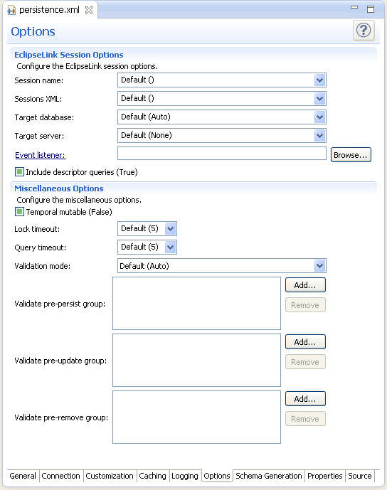 persistence.xml Editor - Options tab