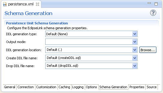 persistence.xml Editor - Schema Generation tab