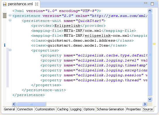 persistence.xml Editor - Source tab