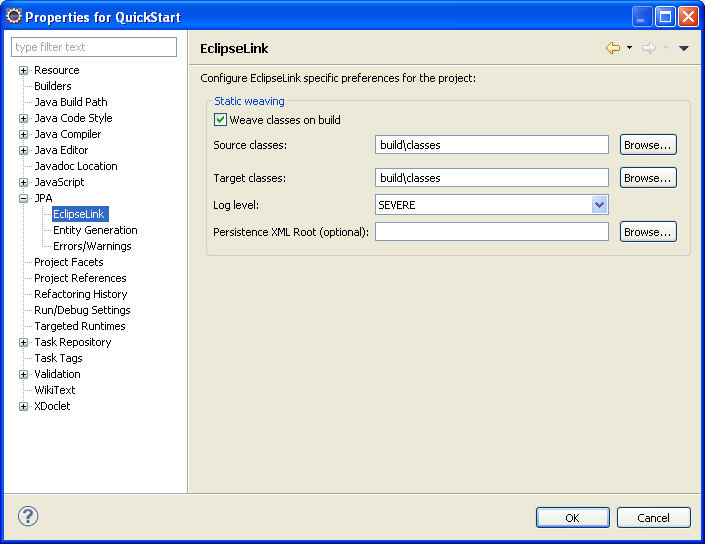 persistence.xml Editor, Weaving options