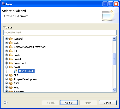 The Select a Wizard dialog with JPA project selected.