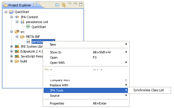 This figure shows the JPA Tools > Synchronize Classes option.