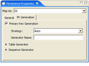 PK Generation tab of the Persistence Properties page.