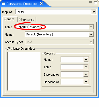 Persistence Properties view for the Inventory entity.