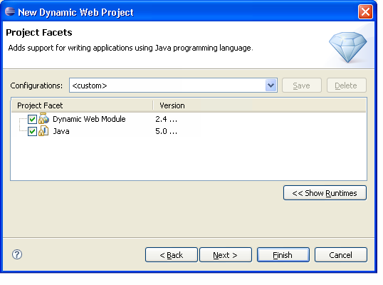 This figure shows the Project Facets page of the wizard.