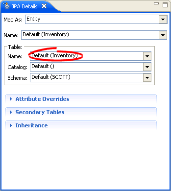 Persistence Properties view for the Inventory entity.