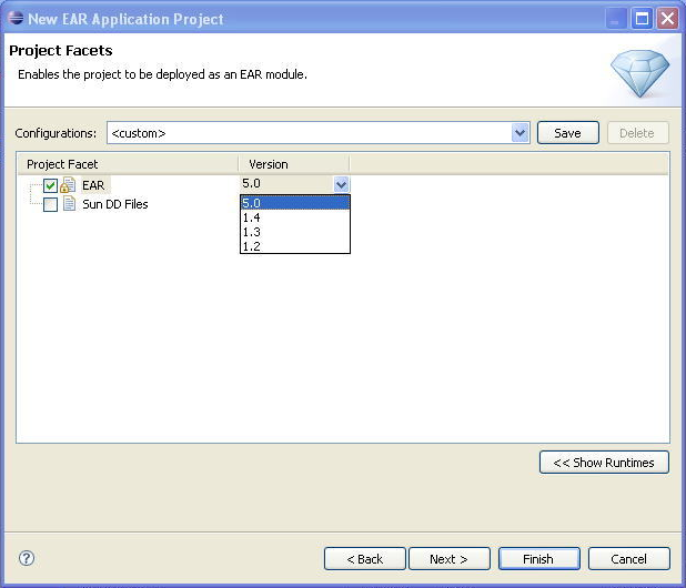 New EAR Application Project Wizard showing new Facet